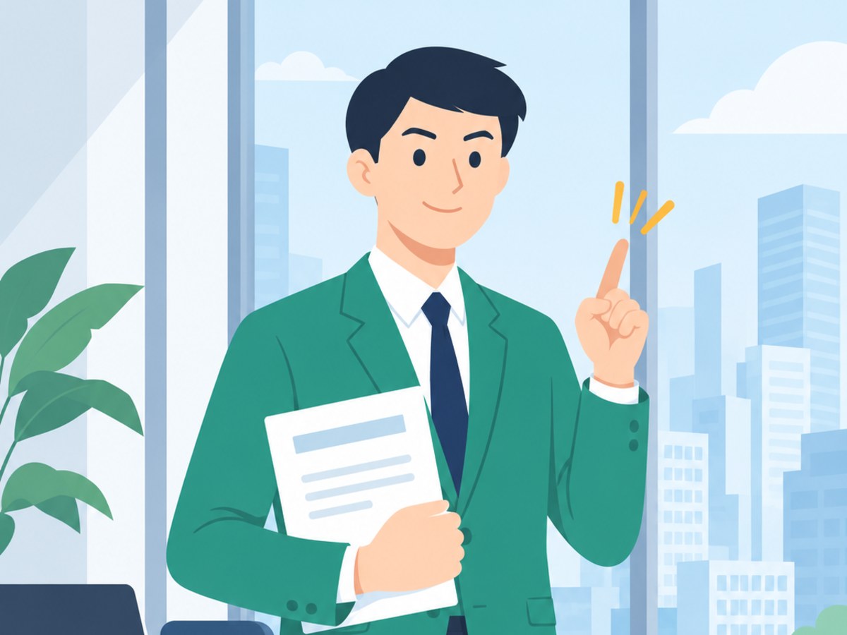 株主総会招集請求権を使う方法に気づき、書類を手に人差し指を立てる株主Aさんのイラスト