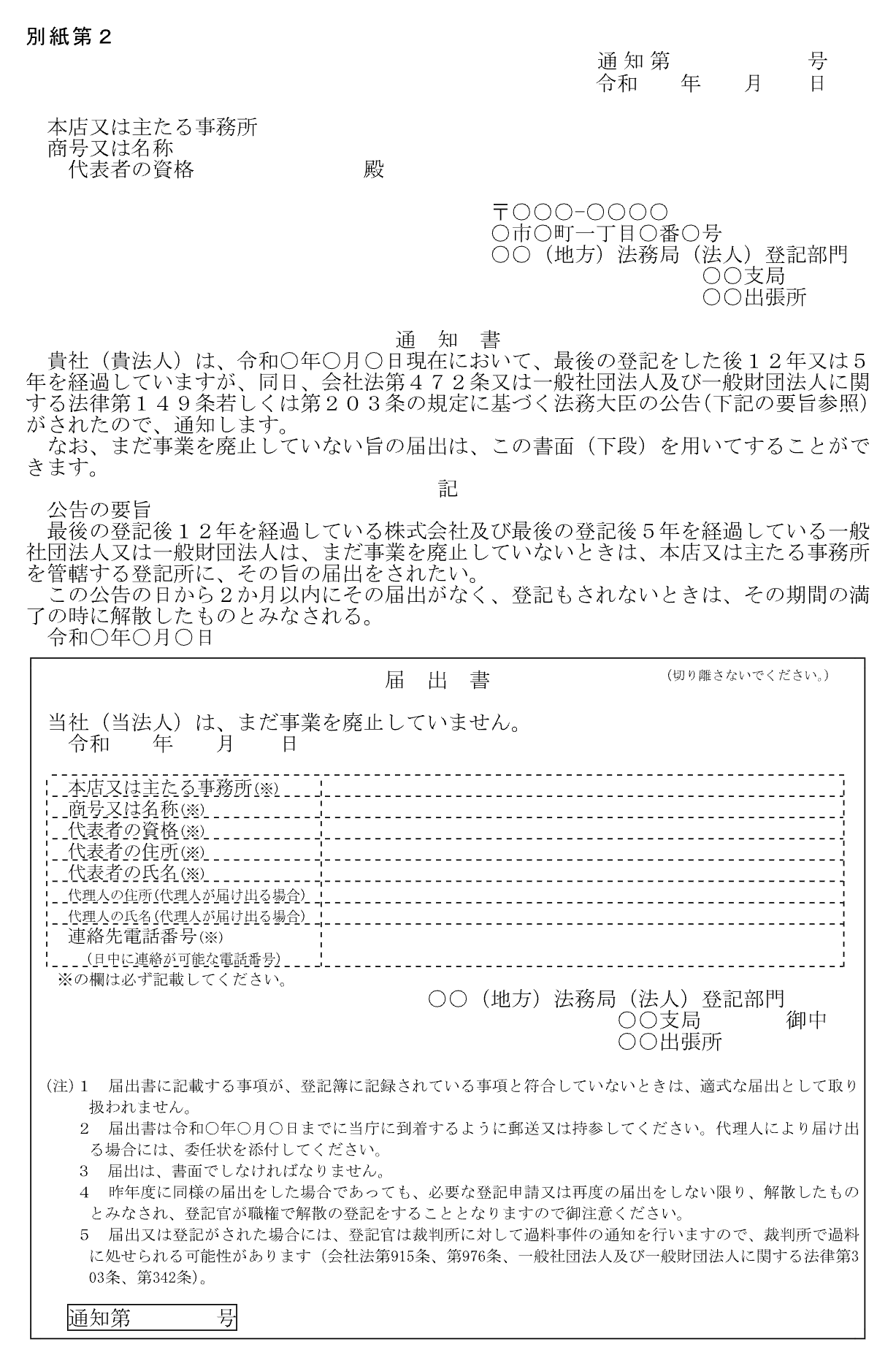 法務省が公表している休眠会社の通知書の見本。上段に通知の本文と公告の要旨、下段に届出書と注意書きがある