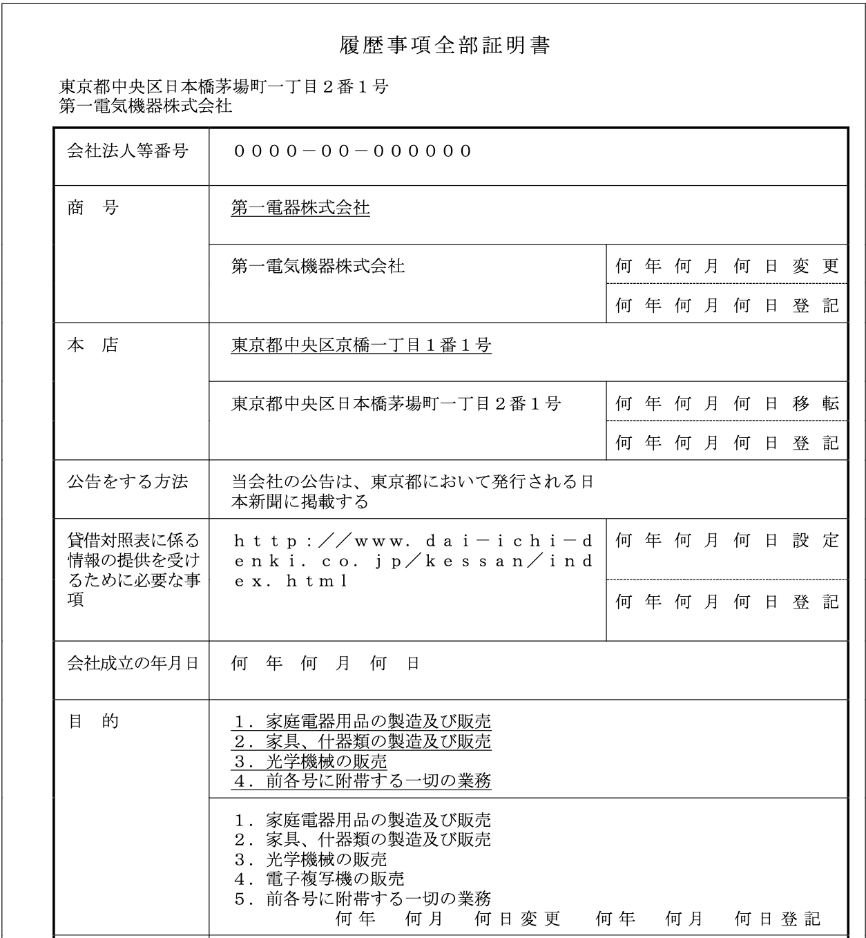 法務省の登記事項証明書記載例2（履歴事項全部証明書）の上部。変更前の商号・本店・目的に下線が引かれ、その下に変更後の内容と、変更の日・登記の日が記載されている