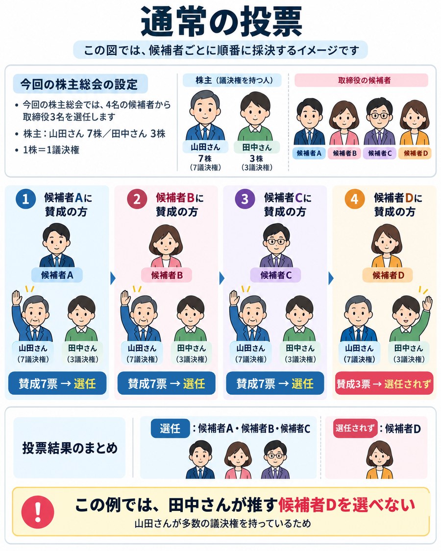 通常の取締役選任の図。山田さん7株、田中さん3株で4人の候補者から3人を選ぶ。候補者A・B・Cは賛成7票で選任され、田中さんが推す候補者Dは賛成3票で選任されない。