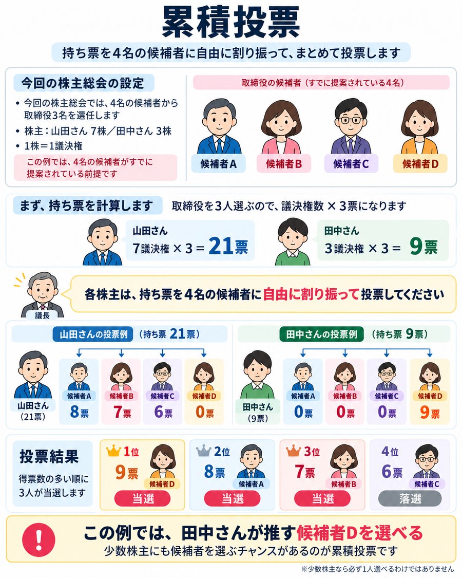 累積投票の図。山田さんは21票を候補者Aに8票、Bに7票、Cに6票と分け、田中さんは9票すべてを候補者Dに集中。得票はD9票、A8票、B7票、C6票となり、上位3人のD・A・Bが選任される。