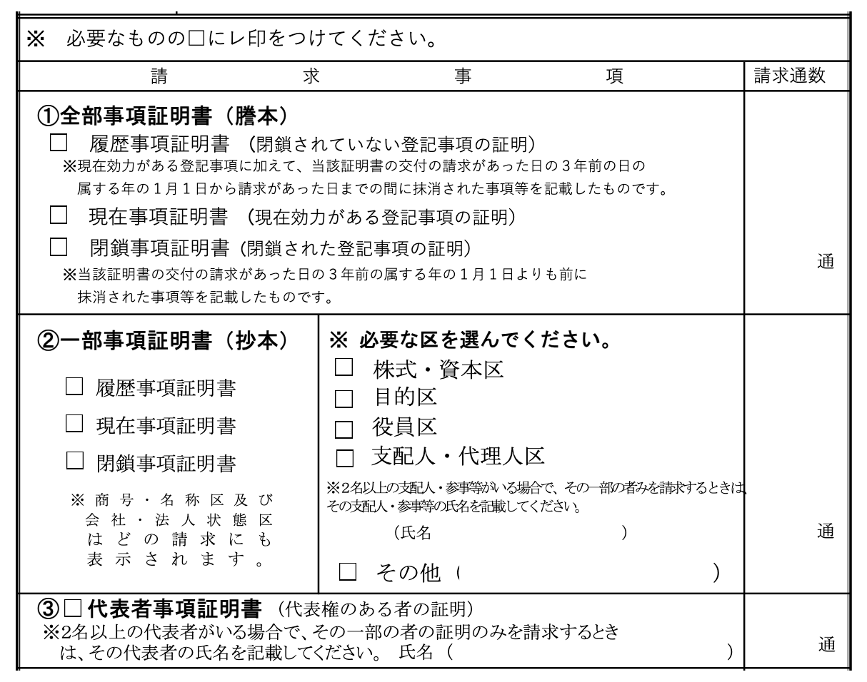 法務局の登記事項証明書・登記簿謄抄本交付申請書（会社法人用）の請求事項欄。全部事項証明書（謄本）、一部事項証明書（抄本）、代表者事項証明書の区分